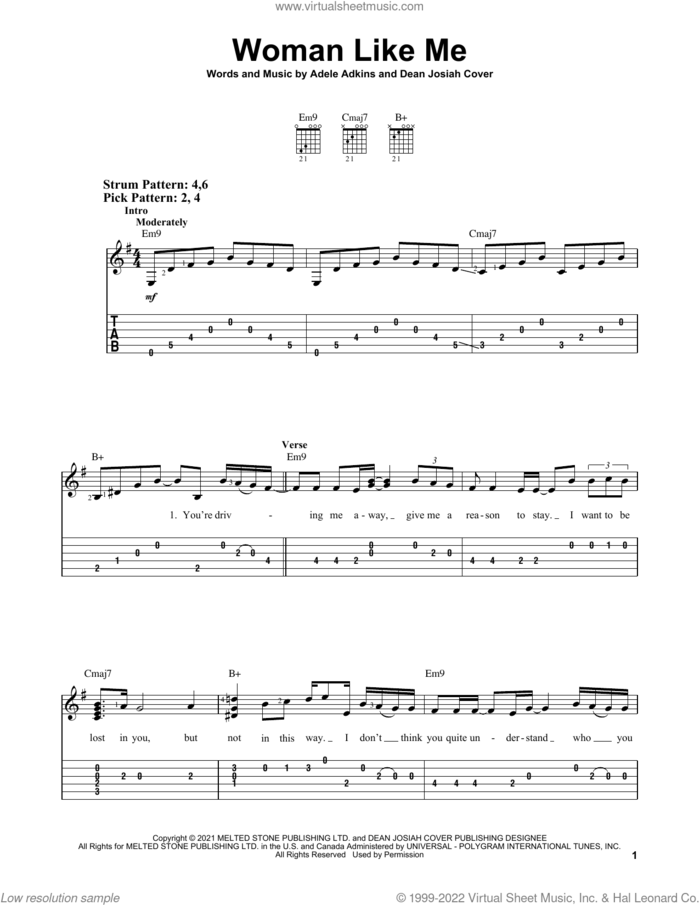 Woman Like Me sheet music for guitar solo (easy tablature) by Adele, Adele Adkins and Dean Josiah Cover, easy guitar (easy tablature)