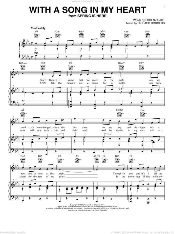 With A Song In My Heart sheet music for voice, piano or guitar by Rodgers & Hart, Lorenz Hart and Richard Rodgers, intermediate skill level