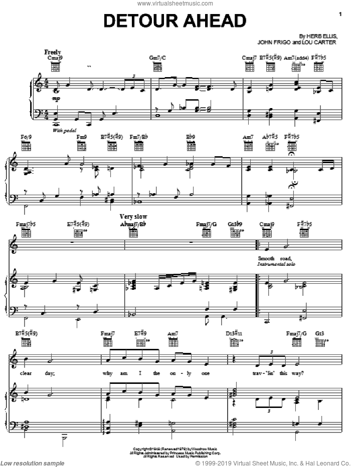 Detour Ahead sheet music for voice, piano or guitar by Jane Monheit, Billie Holiday, Sarah Vaughan, Herb Ellis, John Frigo and Lou Carter, intermediate skill level