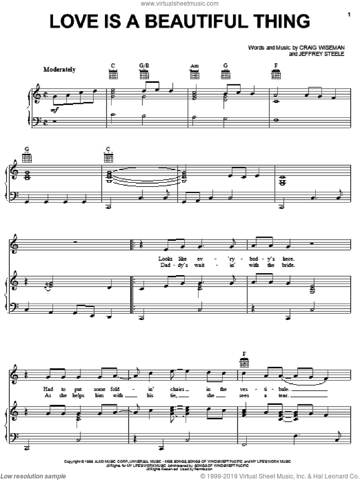 Love Is A Beautiful Thing sheet music for voice, piano or guitar by Phil Vassar, Craig Wiseman and Jeffrey Steele, intermediate skill level