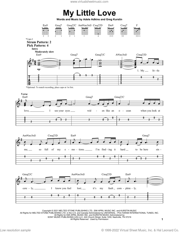My Little Love sheet music for guitar solo (easy tablature) by Adele, Adele Adkins and Greg Kurstin, easy guitar (easy tablature)