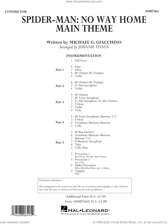 Spider-Man: No Way Home Main Theme (arr. Vinson) sheet music for concert band (full score) by Michael Giacchino and Johnnie Vinson, intermediate skill level