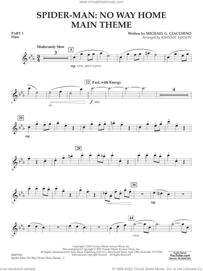 Spider-Man: No Way Home Main Theme (arr. Vinson) sheet music for concert band (pt.1 - flute) by Michael Giacchino and Johnnie Vinson, intermediate skill level