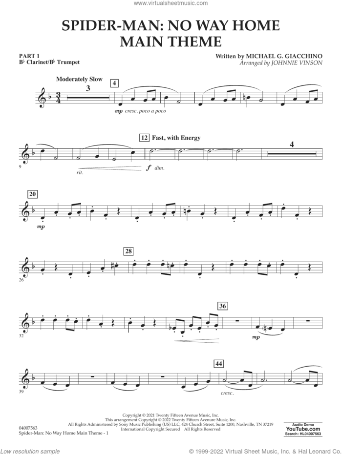Spider-Man: No Way Home Main Theme (arr. Vinson) sheet music for concert band (Bb clarinet/bb trumpet) by Michael Giacchino and Johnnie Vinson, intermediate skill level