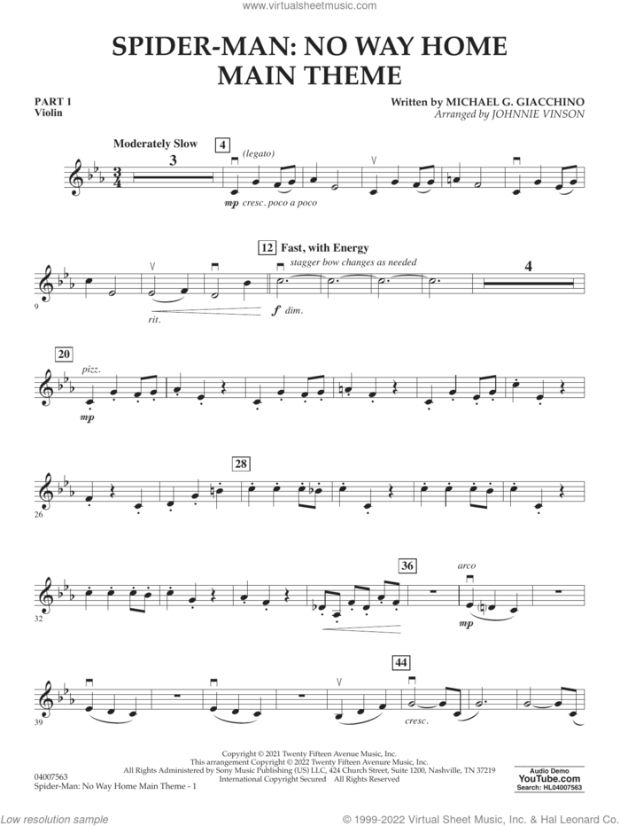 Spider-Man: No Way Home Main Theme (arr. Vinson) sheet music for concert band (pt.1 - violin) by Michael Giacchino and Johnnie Vinson, intermediate skill level