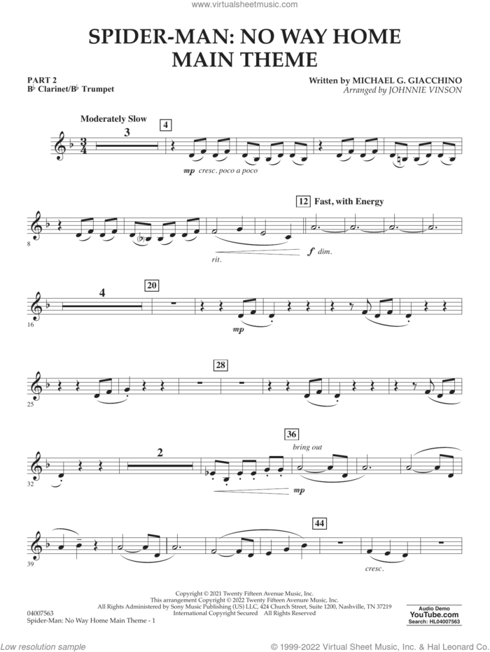 Spider-Man: No Way Home Main Theme (arr. Vinson) sheet music for concert band (Bb clarinet/bb trumpet) by Michael Giacchino and Johnnie Vinson, intermediate skill level