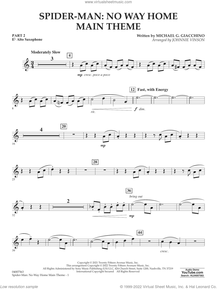 Spider-Man: No Way Home Main Theme (arr. Vinson) sheet music for concert band (pt.2 - Eb alto saxophone) by Michael Giacchino and Johnnie Vinson, intermediate skill level