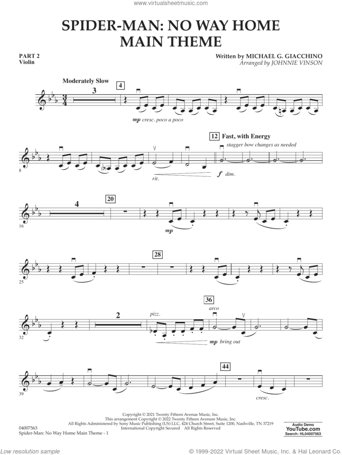 Spider-Man: No Way Home Main Theme (arr. Vinson) sheet music for concert band (pt.2 - violin) by Michael Giacchino and Johnnie Vinson, intermediate skill level