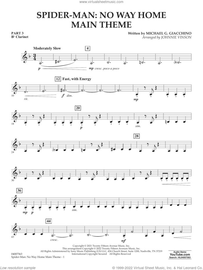 Spider-Man: No Way Home Main Theme (arr. Vinson) sheet music for concert band (pt.3 - Bb clarinet) by Michael Giacchino and Johnnie Vinson, intermediate skill level