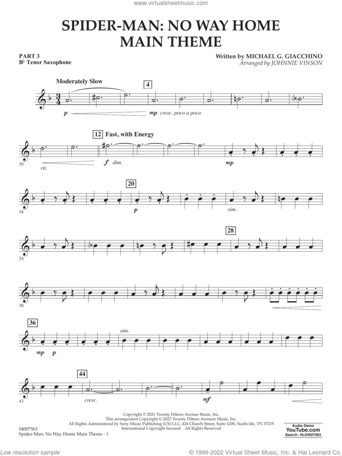 Spider-Man: No Way Home Main Theme (arr. Vinson) sheet music for concert band (pt.3 - Bb tenor saxophone) by Michael Giacchino and Johnnie Vinson, intermediate skill level