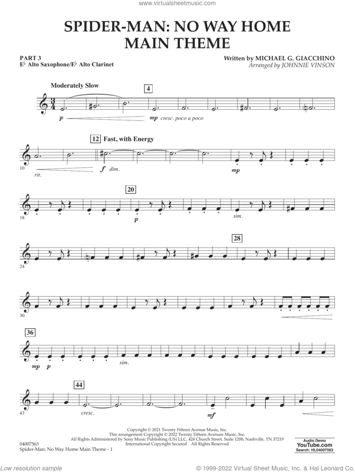 Spider-Man: No Way Home Main Theme (arr. Vinson) sheet music for concert band (Eb alto sax/alto clar.) by Michael Giacchino and Johnnie Vinson, intermediate skill level