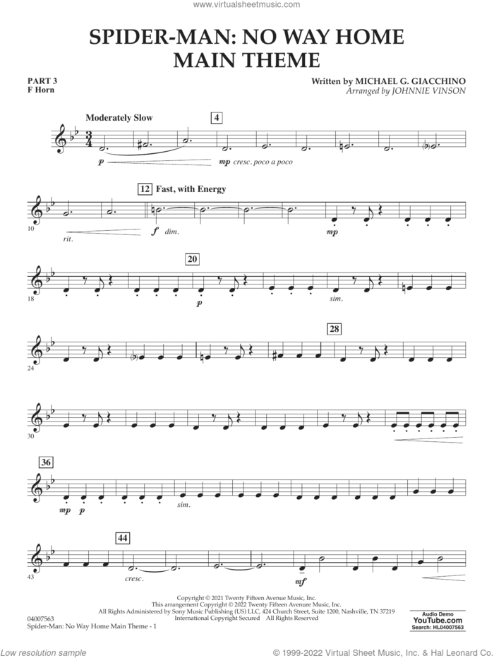 Spider-Man: No Way Home Main Theme (arr. Vinson) sheet music for concert band (pt.3 - f horn) by Michael Giacchino and Johnnie Vinson, intermediate skill level