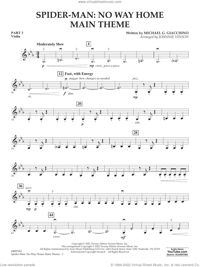 Spider-Man: No Way Home Main Theme (arr. Vinson) sheet music for concert band (pt.3 - violin) by Michael Giacchino and Johnnie Vinson, intermediate skill level