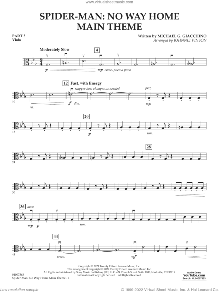 Spider-Man: No Way Home Main Theme (arr. Vinson) sheet music for concert band (pt.3 - viola) by Michael Giacchino and Johnnie Vinson, intermediate skill level