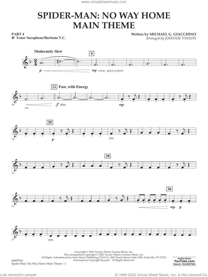 Spider-Man: No Way Home Main Theme (arr. Vinson) sheet music for concert band (Bb tenor sax/bar. t.c.) by Michael Giacchino and Johnnie Vinson, intermediate skill level