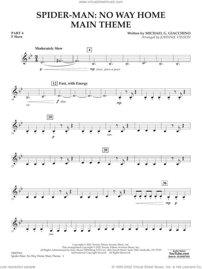 Spider-Man: No Way Home Main Theme (arr. Vinson) sheet music for concert band (pt.4 - f horn) by Michael Giacchino and Johnnie Vinson, intermediate skill level