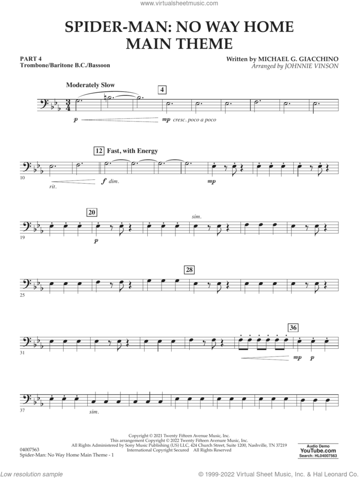 Spider-Man: No Way Home Main Theme (arr. Vinson) sheet music for concert band (trombone/bar. b.c./bsn.) by Michael Giacchino and Johnnie Vinson, intermediate skill level