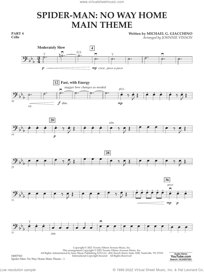 Spider-Man: No Way Home Main Theme (arr. Vinson) sheet music for concert band (pt.4 - cello) by Michael Giacchino and Johnnie Vinson, intermediate skill level
