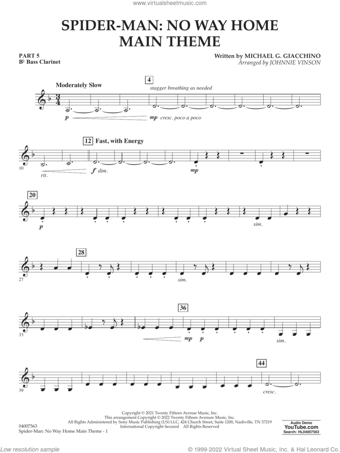 Spider-Man: No Way Home Main Theme (arr. Vinson) sheet music for concert band (pt.5 - Bb bass clarinet) by Michael Giacchino and Johnnie Vinson, intermediate skill level