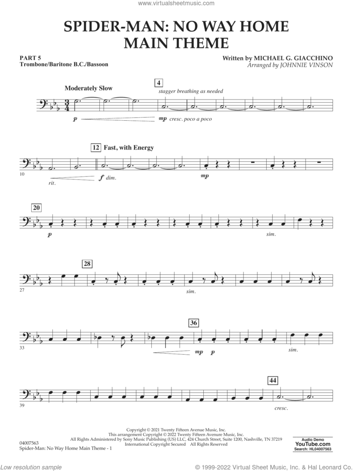 Spider-Man: No Way Home Main Theme (arr. Vinson) sheet music for concert band (trombone/bar. b.c./bsn.) by Michael Giacchino and Johnnie Vinson, intermediate skill level