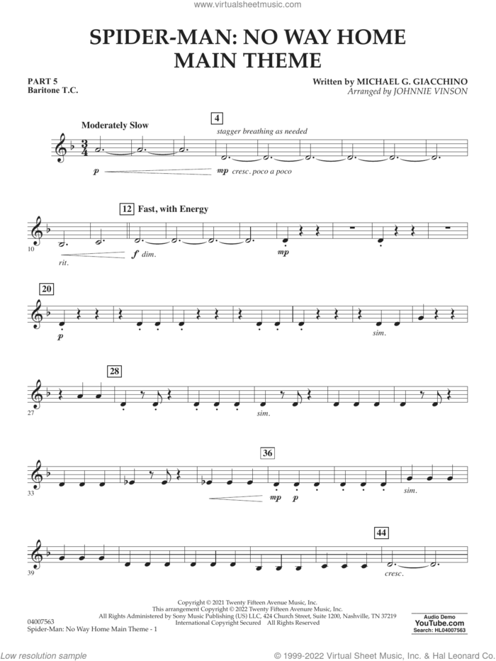 Spider-Man: No Way Home Main Theme (arr. Vinson) sheet music for concert band (pt.5 - baritone t.c.) by Michael Giacchino and Johnnie Vinson, intermediate skill level