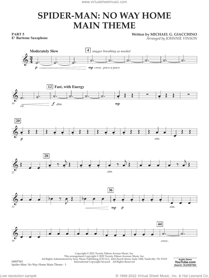 Spider-Man: No Way Home Main Theme (arr. Vinson) sheet music for concert band (pt.5 - Eb baritone saxophone) by Michael Giacchino and Johnnie Vinson, intermediate skill level