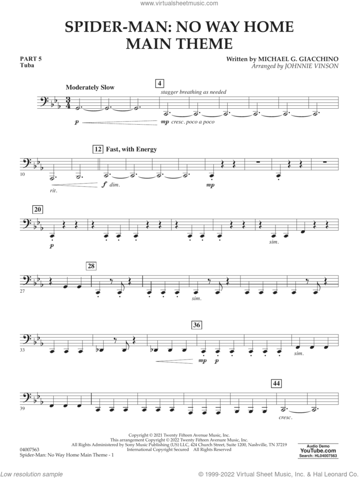 Spider-Man: No Way Home Main Theme (arr. Vinson) sheet music for concert band (pt.5 - tuba) by Michael Giacchino and Johnnie Vinson, intermediate skill level
