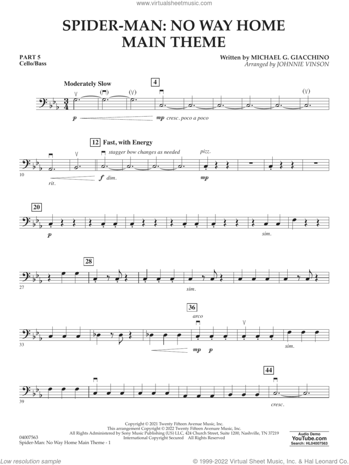 Spider-Man: No Way Home Main Theme (arr. Vinson) sheet music for concert band (cello/bass) by Michael Giacchino and Johnnie Vinson, intermediate skill level