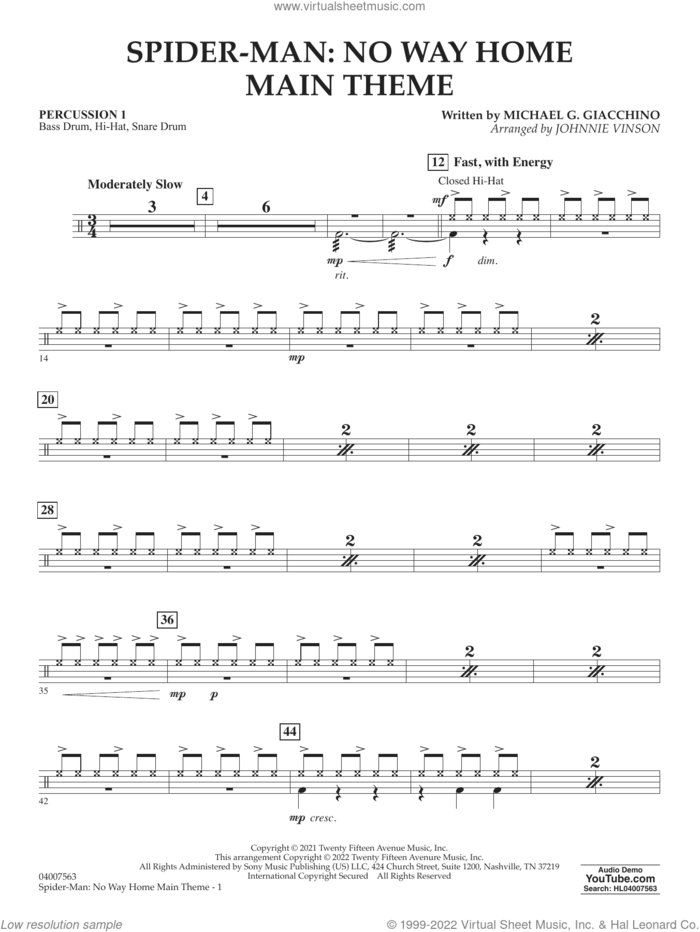 Spider-Man: No Way Home Main Theme (arr. Vinson) sheet music for concert band (percussion 1) by Michael Giacchino and Johnnie Vinson, intermediate skill level