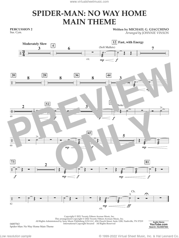 Spider-Man: No Way Home Main Theme (arr. Vinson) sheet music for concert band (percussion 2) by Michael Giacchino and Johnnie Vinson, intermediate skill level