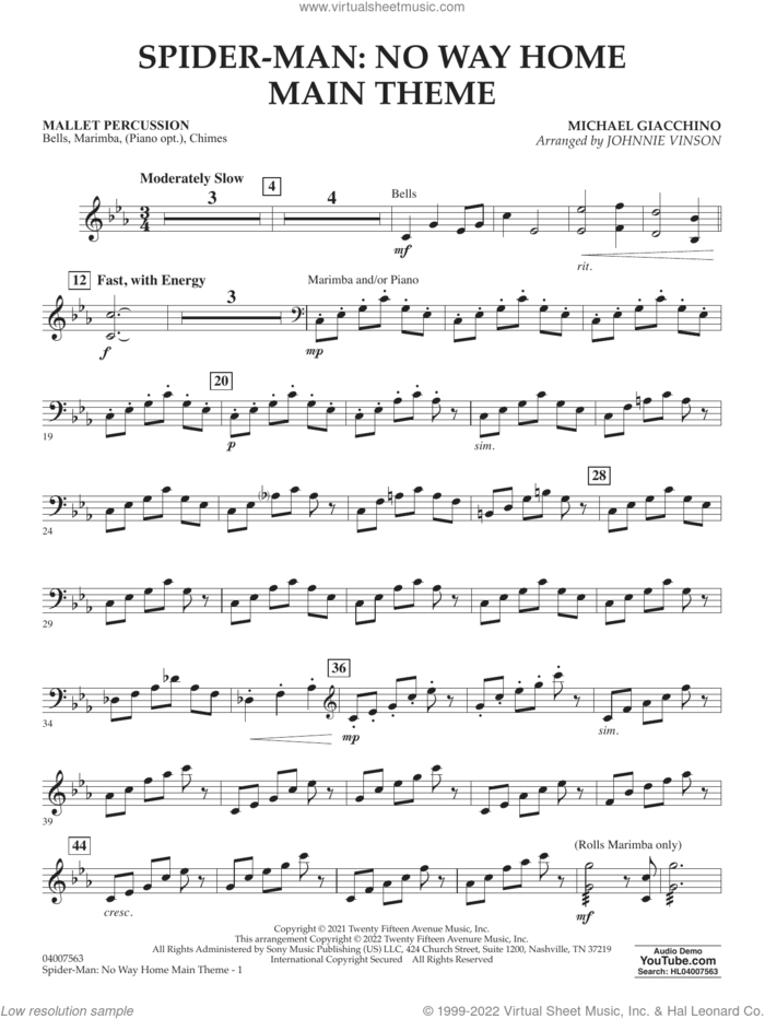 Spider-Man: No Way Home Main Theme (arr. Vinson) sheet music for concert band (mallet percussion) by Michael Giacchino and Johnnie Vinson, intermediate skill level