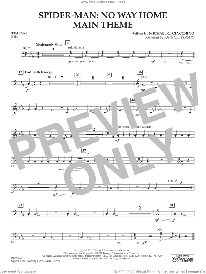 Spider-Man: No Way Home Main Theme (arr. Vinson) sheet music for concert band (timpani) by Michael Giacchino and Johnnie Vinson, intermediate skill level