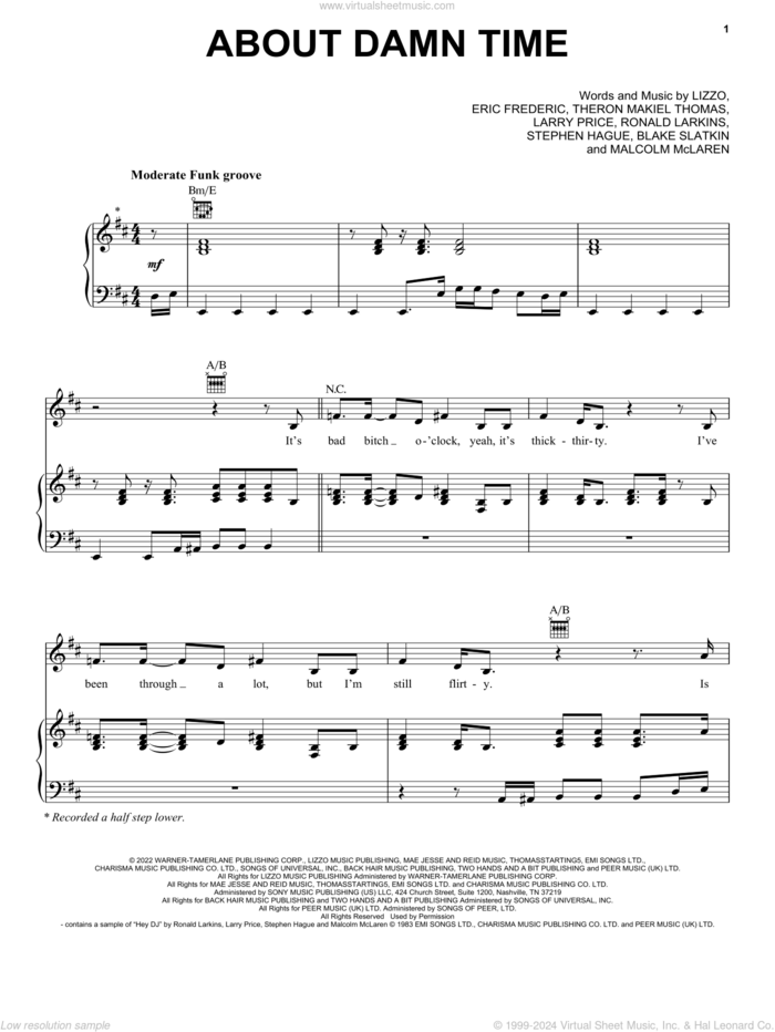 About Damn Time sheet music for voice, piano or guitar by Lizzo, Blake Slatkin, Eric Frederic, Larry Price, Malcom McLaren, Ronald Larkins, Stephen Hague and Theron Makiel Thomas, intermediate skill level