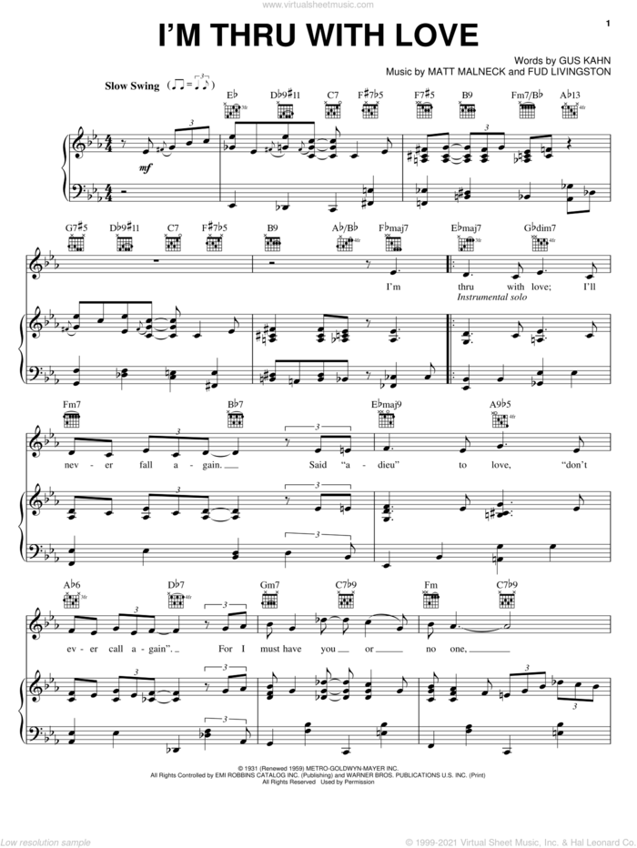 I'm Thru With Love sheet music for voice, piano or guitar by Jane Monheit, Marilyn Monroe, Nat King Cole, Fud Livingston, Gus Kahn and Matt Malneck, intermediate skill level