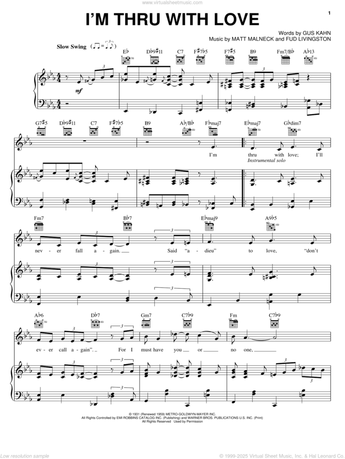 I'm Thru With Love sheet music for voice, piano or guitar by Jane Monheit, Marilyn Monroe, Nat King Cole, Fud Livingston, Gus Kahn and Matt Malneck, intermediate skill level