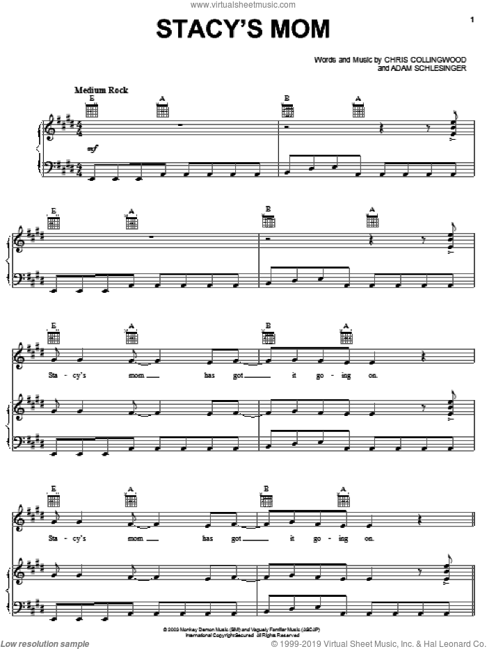 Stacy's Mom sheet music for voice, piano or guitar by Fountains Of Wayne, Adam Schlesinger and Chris Collingwood, intermediate skill level