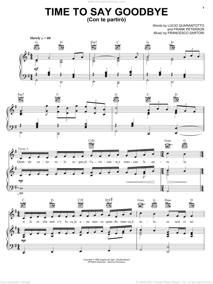 Time To Say Goodbye sheet music for voice, piano or guitar by Sarah Brightman with Andrea Bocelli, Andrea Bocelli, Sarah Brightman, Francesco Sartori, Frank Peterson and Lucio Quarantotto, intermediate skill level