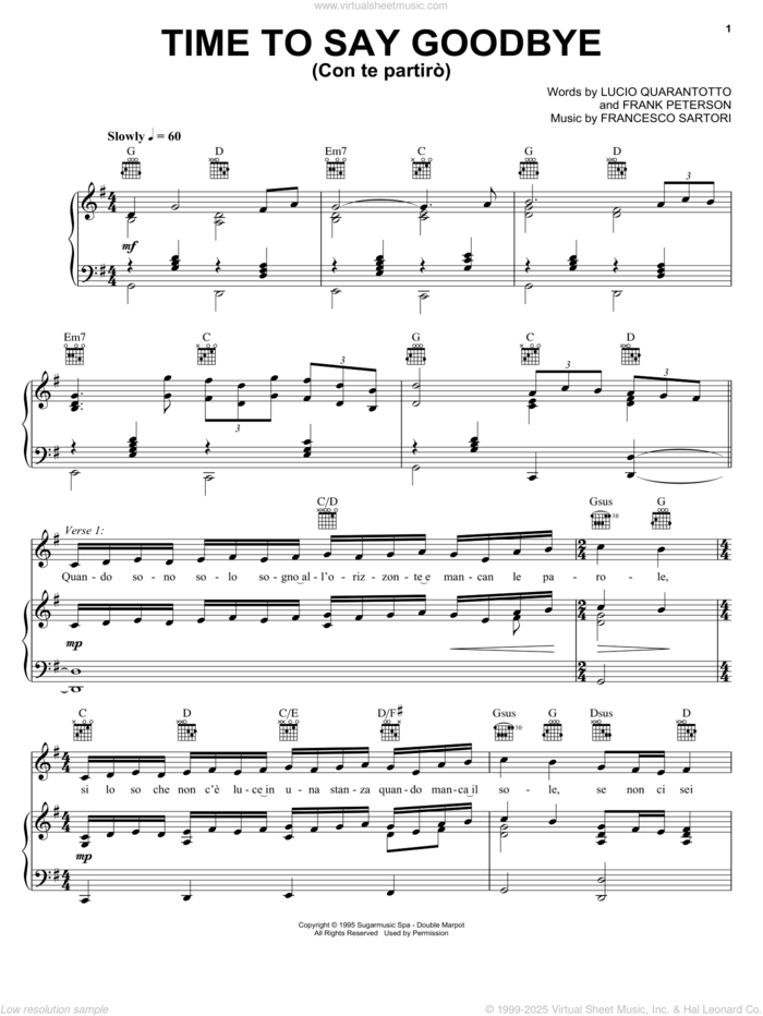 Time To Say Goodbye (Con Te Partiro) sheet music for voice, piano or guitar by Sarah Brightman with Andrea Bocelli, Andrea Bocelli, Sarah Brightman, Francesco Sartori, Frank Peterson and Lucio Quarantotto, intermediate skill level