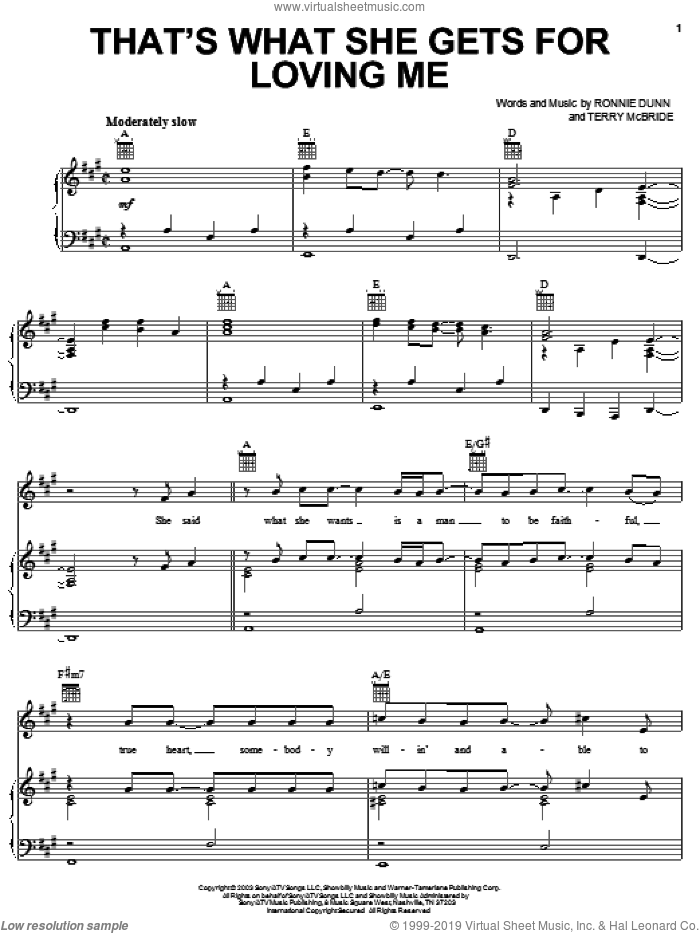That's What She Gets For Loving Me sheet music for voice, piano or guitar by Brooks & Dunn, Ronnie Dunn and Terry McBride, intermediate skill level