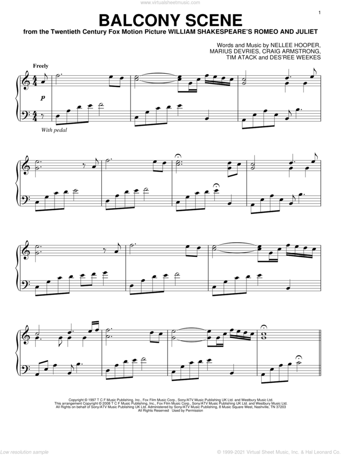 Balcony Scene sheet music for piano solo by Craig Armstrong, Marius De Vries, Nellee Hooper and Tim Atack, intermediate skill level