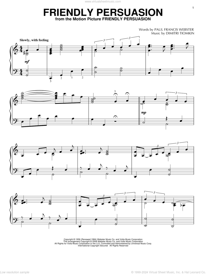 Friendly Persuasion sheet music for piano solo by Pat Boone, Dimitri Tiomkin and Paul Francis Webster, intermediate skill level