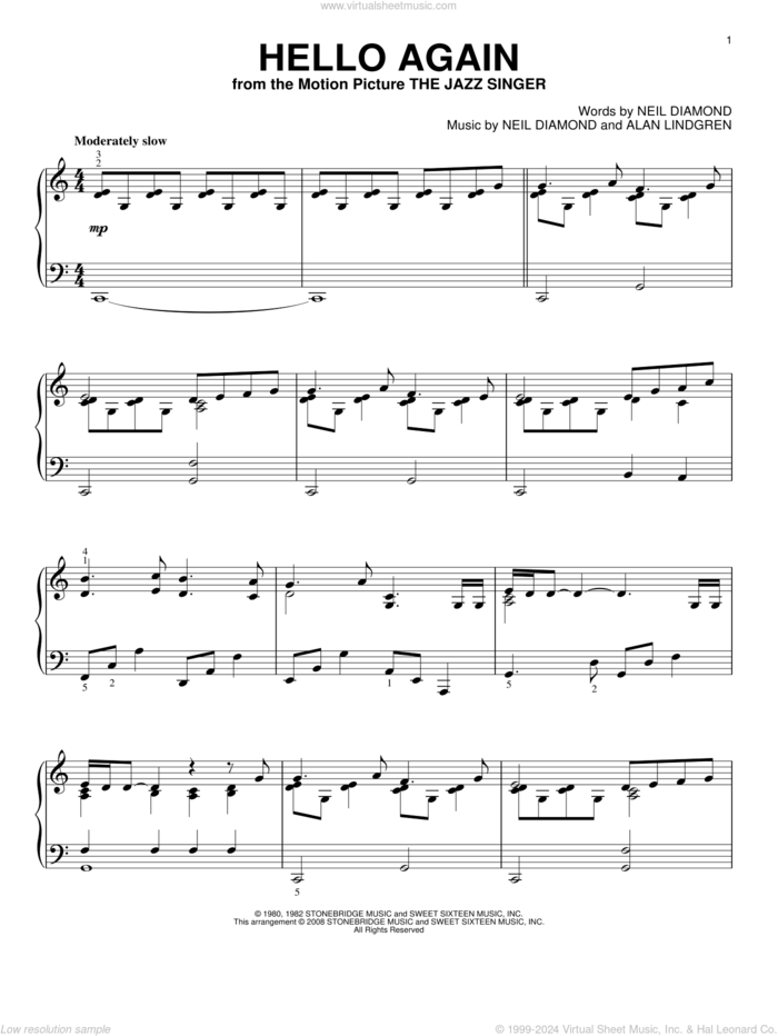 Hello Again, (intermediate) sheet music for piano solo by Neil Diamond and Alan Lindgren, intermediate skill level