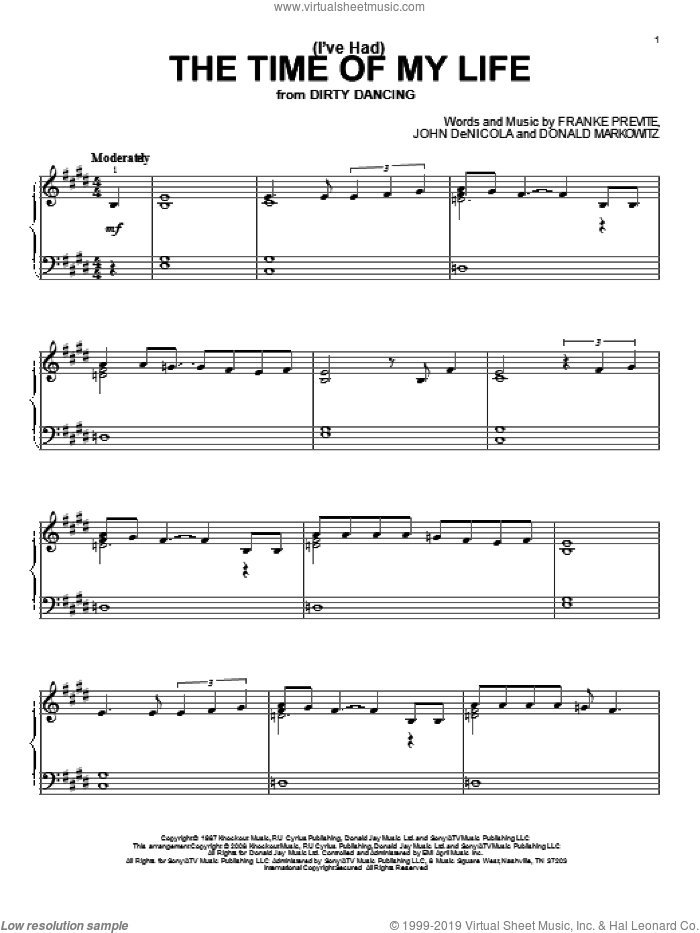 (I've Had) The Time Of My Life sheet music for piano solo by Bill Medley & Jennifer Warnes, Bill Medley, Jennifer Warnes, Donald Markowitz, Franke Previte and John DeNicola, intermediate skill level