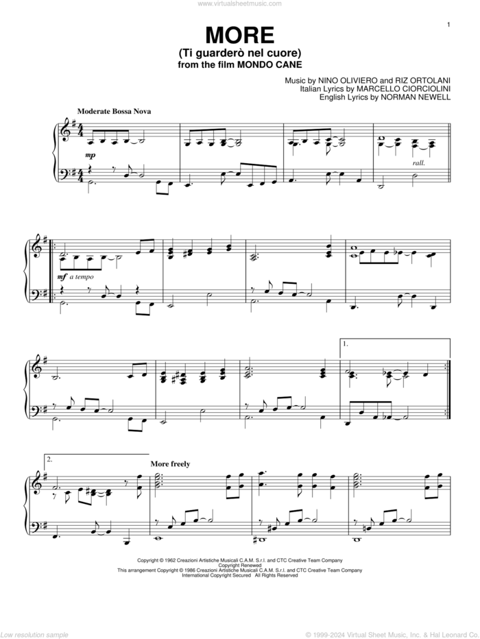 More (Ti Guardero Nel Cuore) sheet music for piano solo by Marcello Ciorciolini, Nino Oliviero, Norman Newell and Riz Ortolani, intermediate skill level