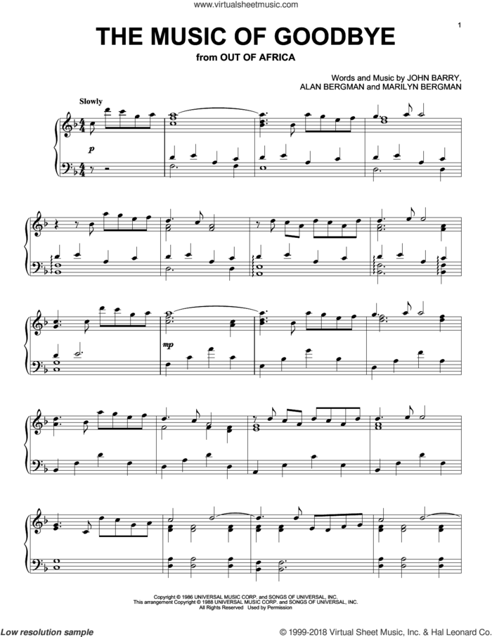 The Music Of Goodbye sheet music for piano solo by John Barry, Alan Bergman and Marilyn Bergman, intermediate skill level
