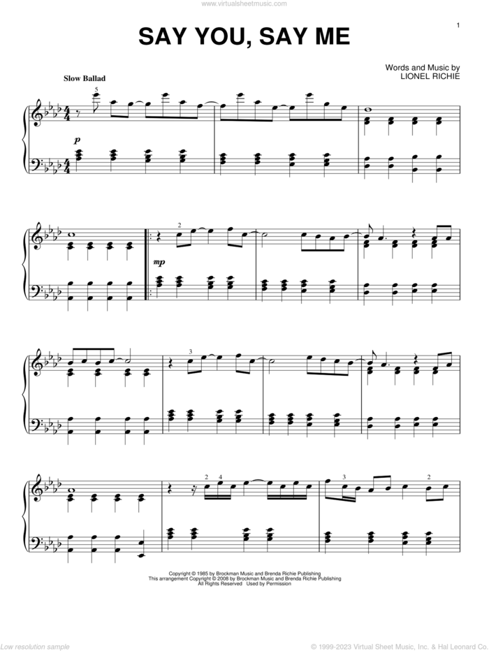 Say You, Say Me, (intermediate) sheet music for piano solo by Lionel Richie, intermediate skill level