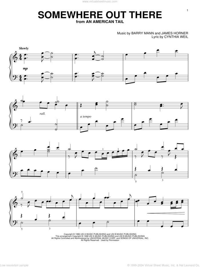 Somewhere Out There, (intermediate) sheet music for piano solo by Linda Ronstadt & James Ingram, Barry Mann, Cynthia Weil and James Horner, intermediate skill level