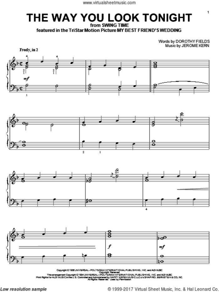 The Way You Look Tonight (arr. Dick Hyman) sheet music for piano solo by Jerome Kern and Dorothy Fields, wedding score, intermediate skill level