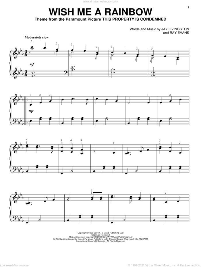 Wish Me A Rainbow sheet music for piano solo by Jay Livingston and Ray Evans, intermediate skill level
