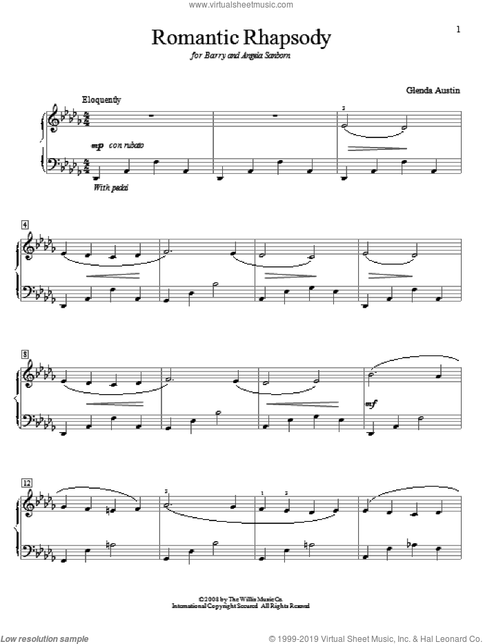 Romantic Rhapsody sheet music for piano solo (elementary) by Glenda Austin, beginner piano (elementary)